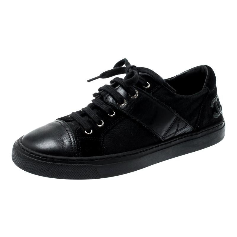 CHANEL Canvas Lace Up Cap Toe Sneakers 38 Black 382306