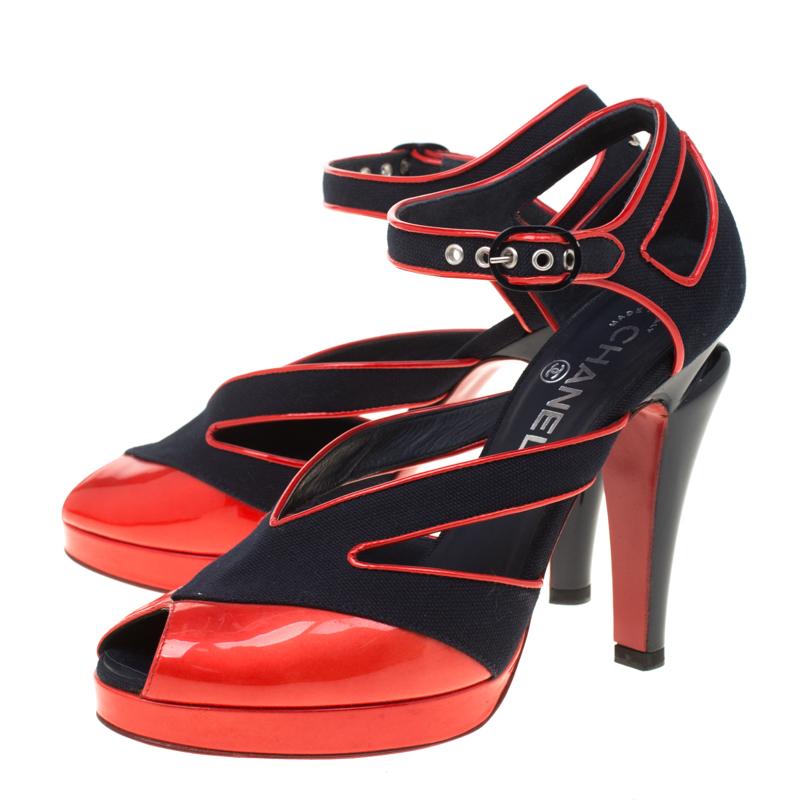 Women's Chanel Black Canvas And Red Patent Leather Cut Out Peep Toe Ankle Strap Sandals 