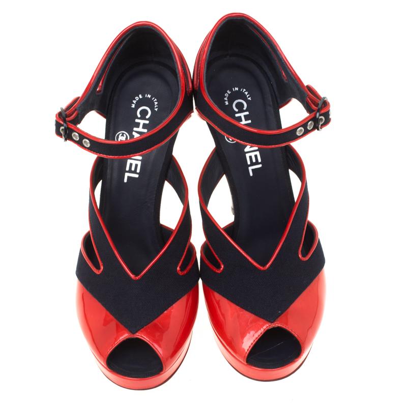 Chanel Black Canvas And Red Patent Leather Cut Out Peep Toe Ankle Strap Sandals  In Good Condition In Dubai, Al Qouz 2
