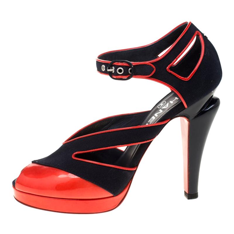 Chanel Black Canvas And Red Patent Leather Cut Out Peep Toe Ankle Strap Sandals 