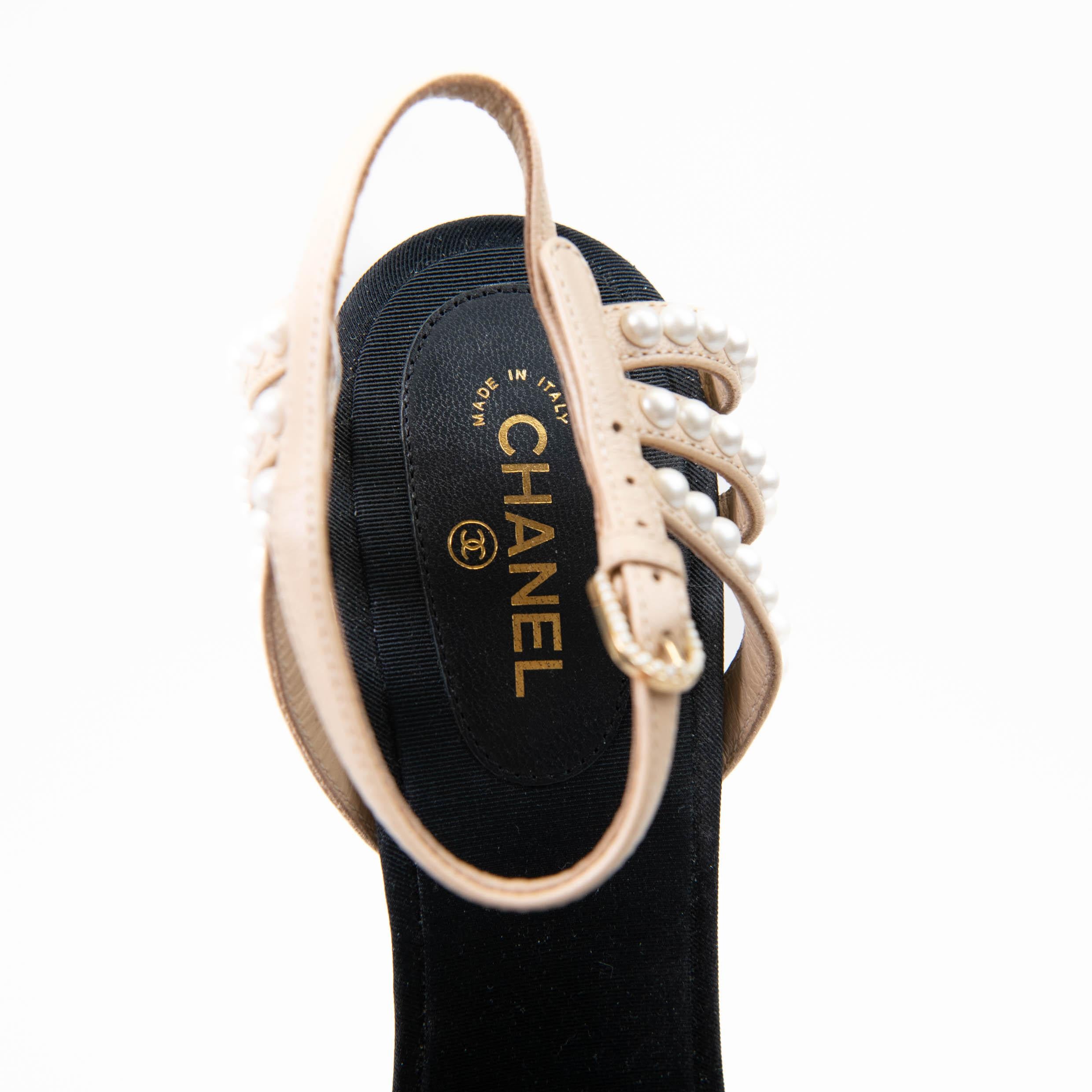 Chanel Black Canvas/Beige Leather Pearl Embellished Ankle Strap Sandals Size 39. 1