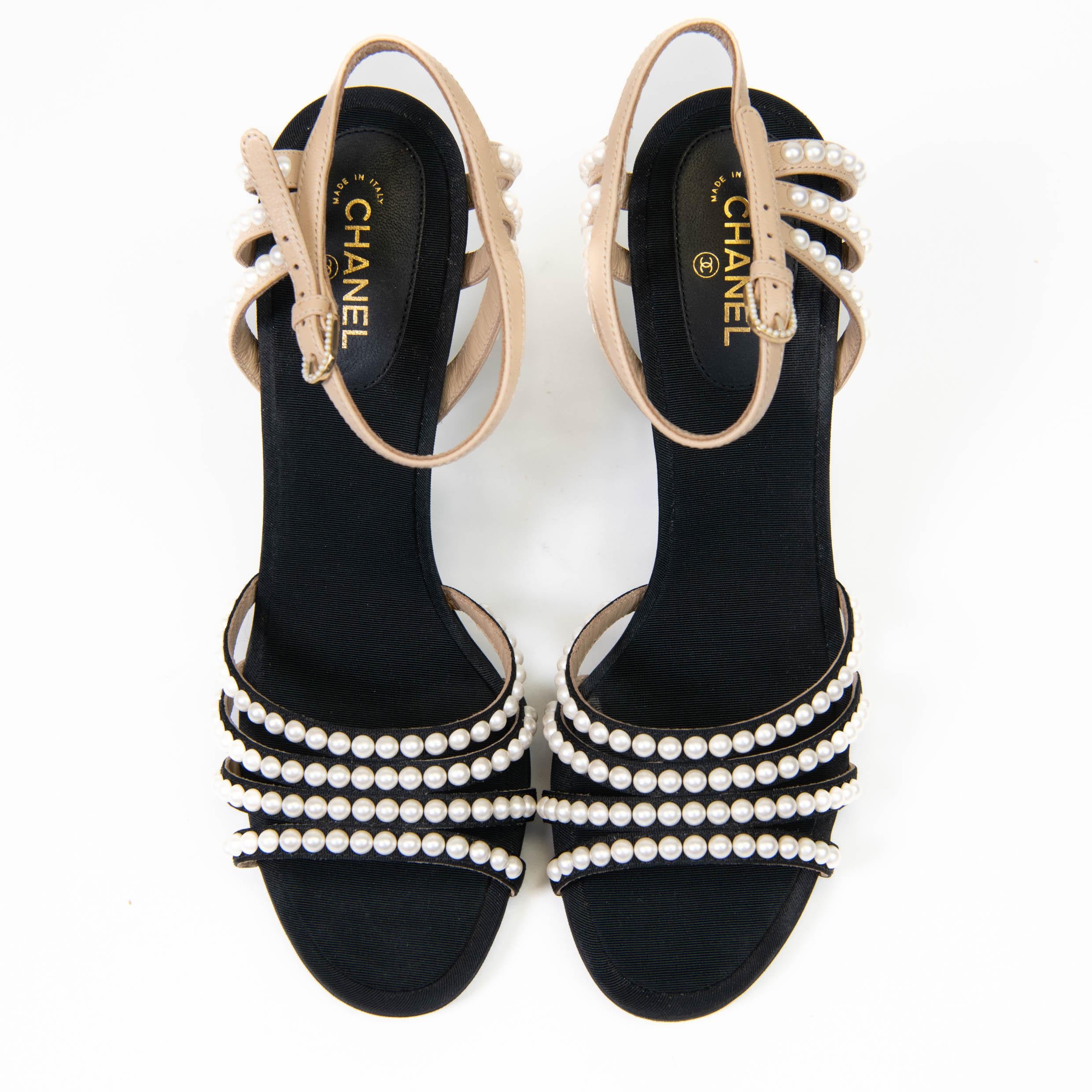 Chanel Black Canvas/Beige Leather Pearl Embellished Ankle Strap Sandals Size 39. 2
