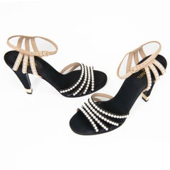 Chanel Black Canvas/Beige Leather Pearl Embellished Ankle Strap Sandals Size 39.