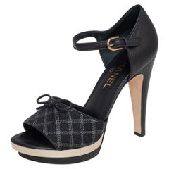 Chanel Black Canvas Bow Open Toe Platform Ankle Strap Sandals Size 39.5