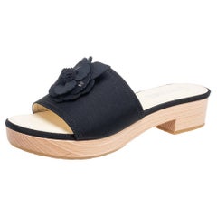 Chanel Black Canvas Camelia CC Slides Sandals Size 39