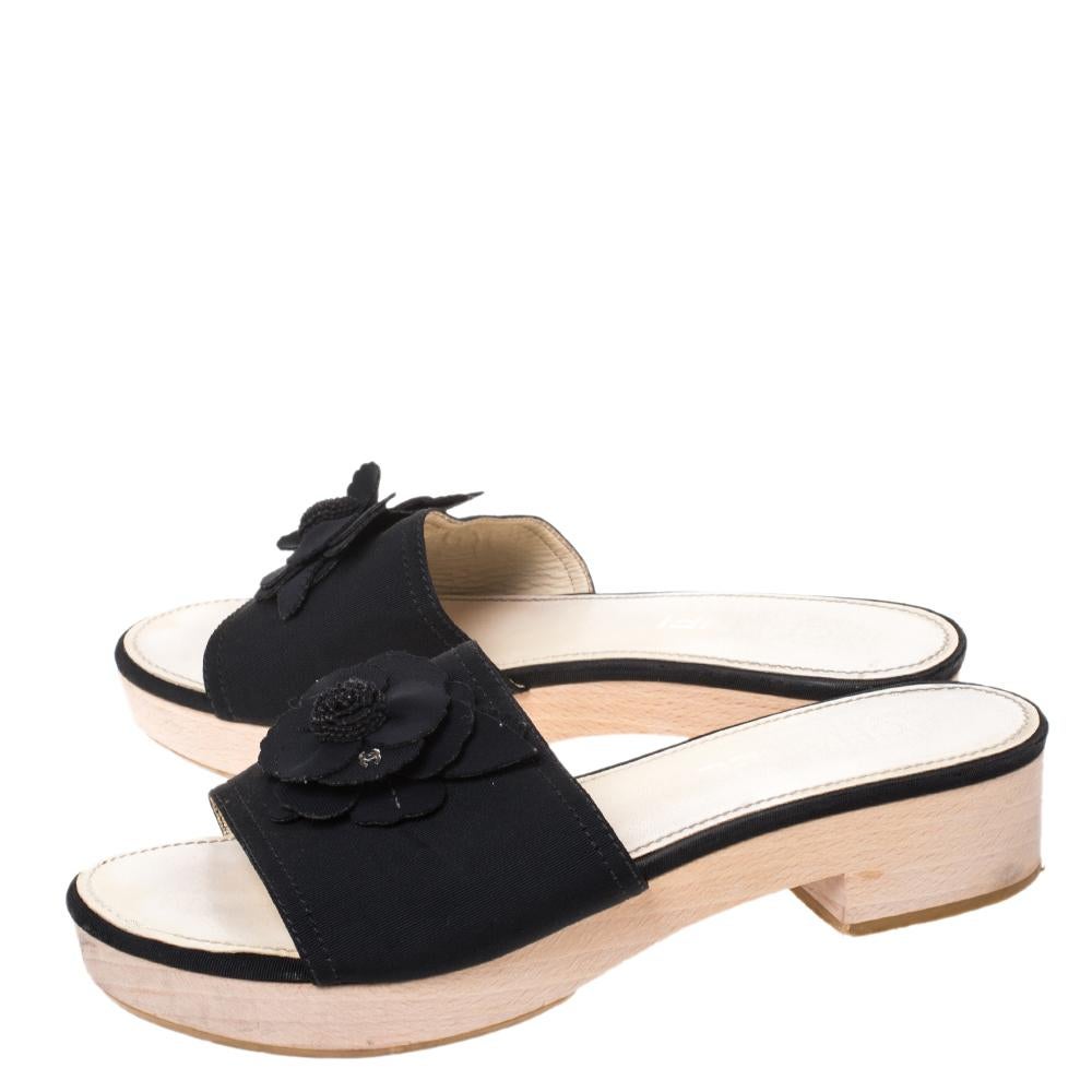 Beige Chanel Black Canvas Camellia Wooden Platform Sandals Size 39