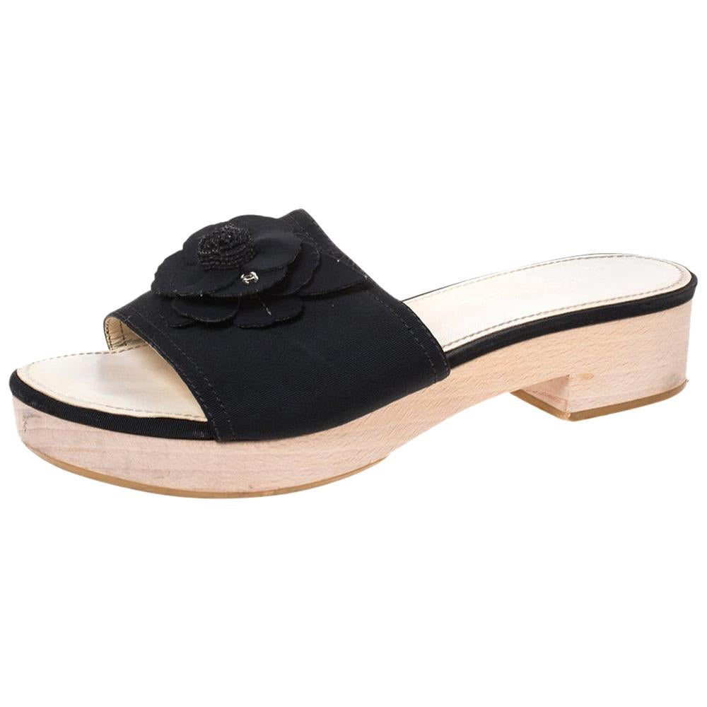 Chanel Black Canvas Camellia Wooden Platform Sandals Size 39