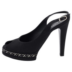Chanel Black Canvas Chain Embellished Slingback Sandals Size 38.5