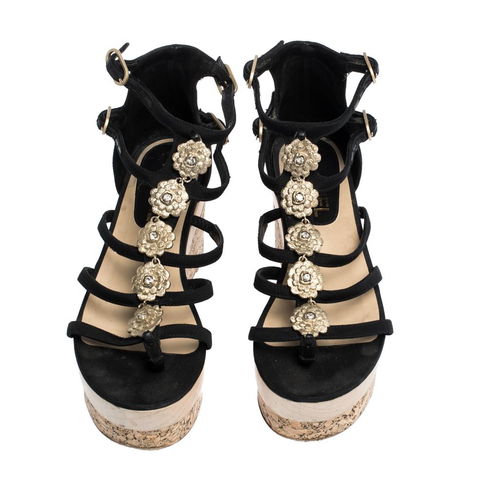 Beige Chanel Black Canvas Fabric Flower Embellished Strappy Cork Platform Sandals Size
