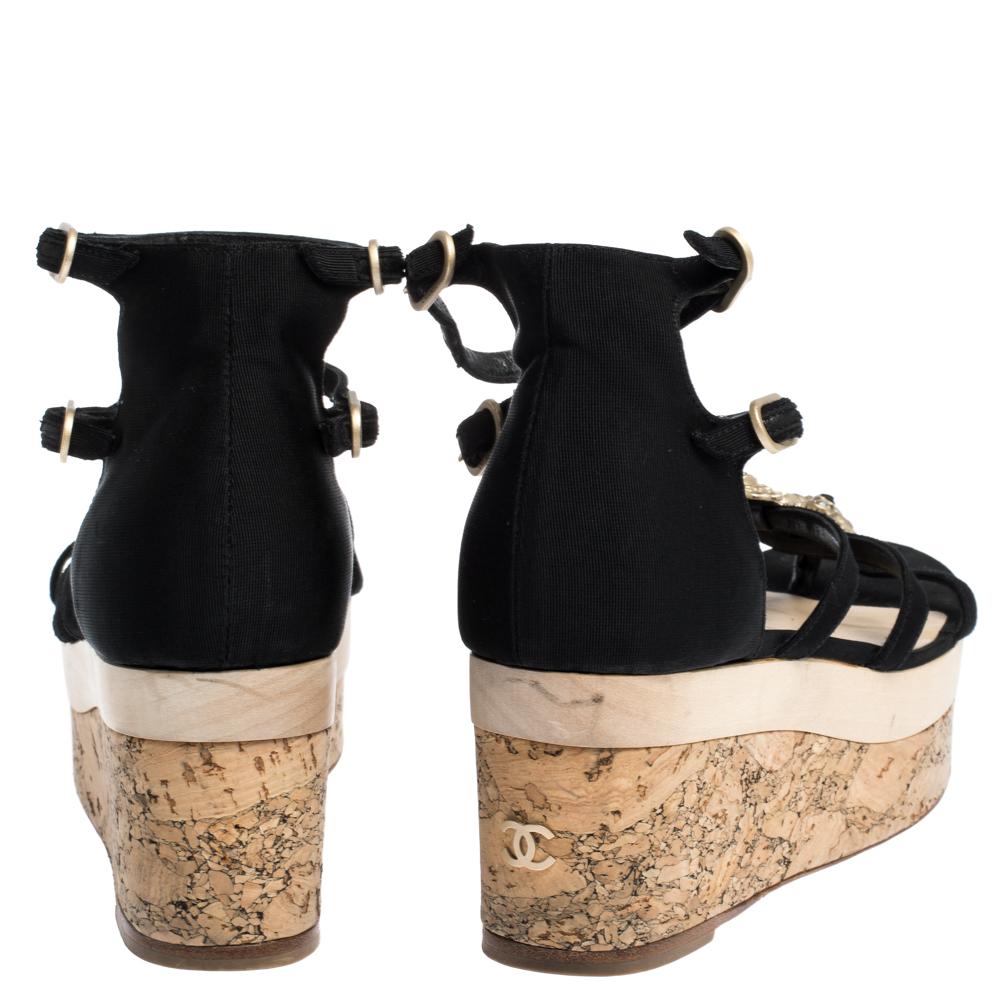 Women's Chanel Black Canvas Fabric Flower Embellished Strappy Cork Platform Sandals Size