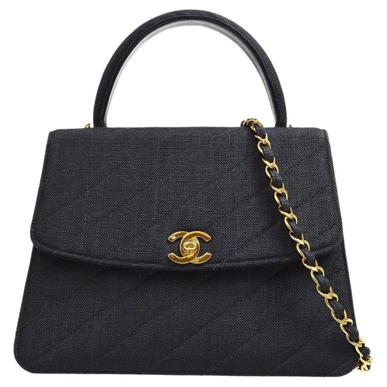 CHANEL Black Canvas Gold Hardware Top Handle Kelly Evening Shoulder