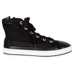 CHANEL black canvas & leather High Top Sneakers Shoes 40