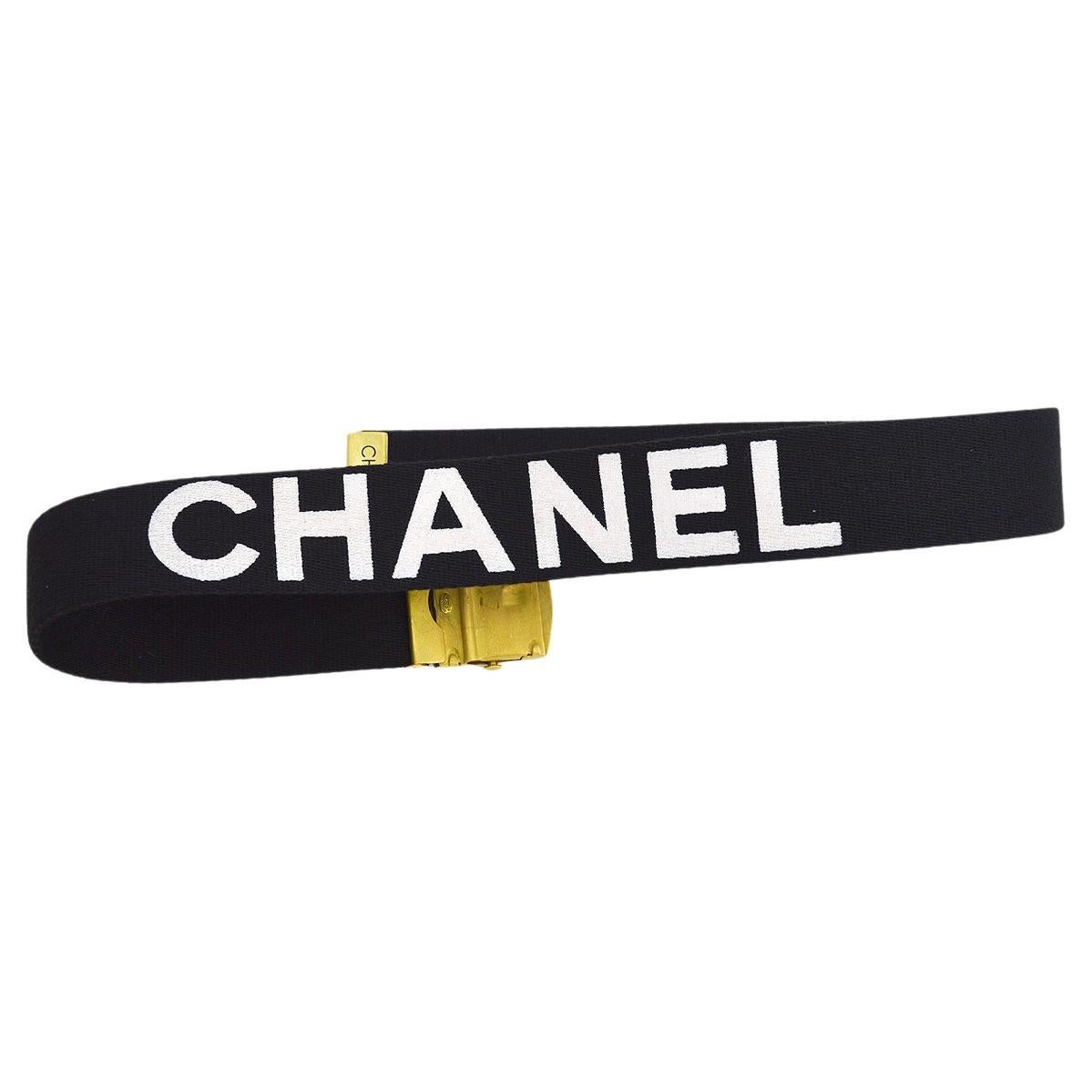 CHANEL Black Canvas Logo CC Gold Metal Buckle Waist Belt