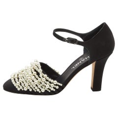 Chanel Black Canvas Pearl Embellished CC Ankle Strap Pumps Size 38.5