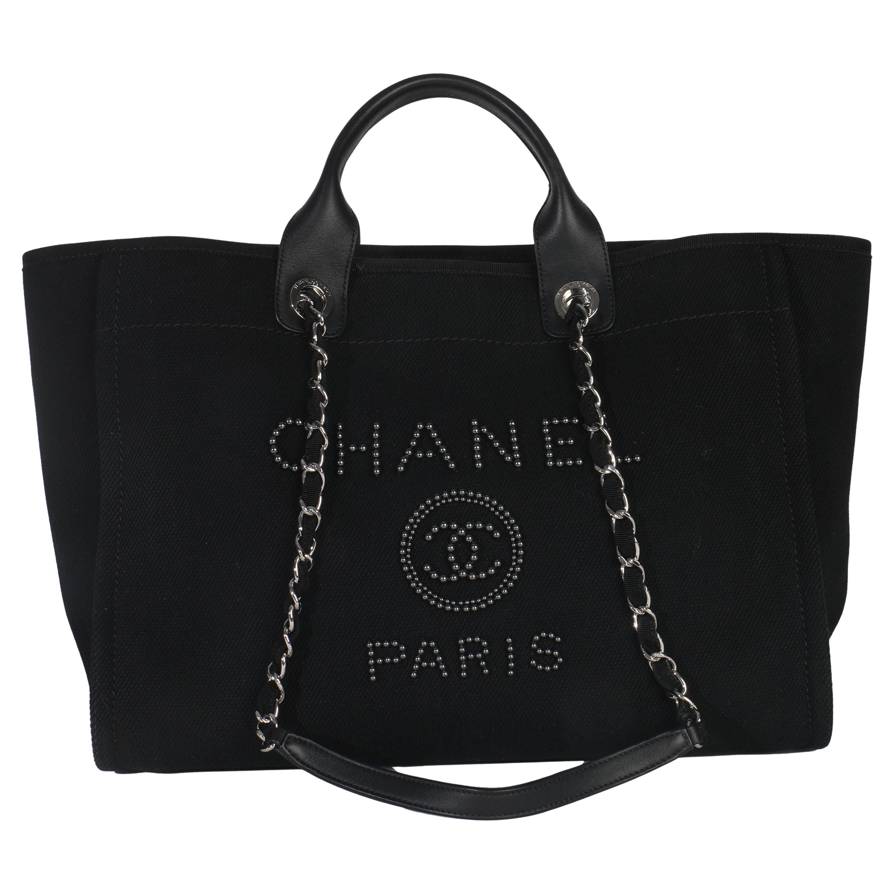 Chanel Black Canvas Pearl Medium Deauville Tote