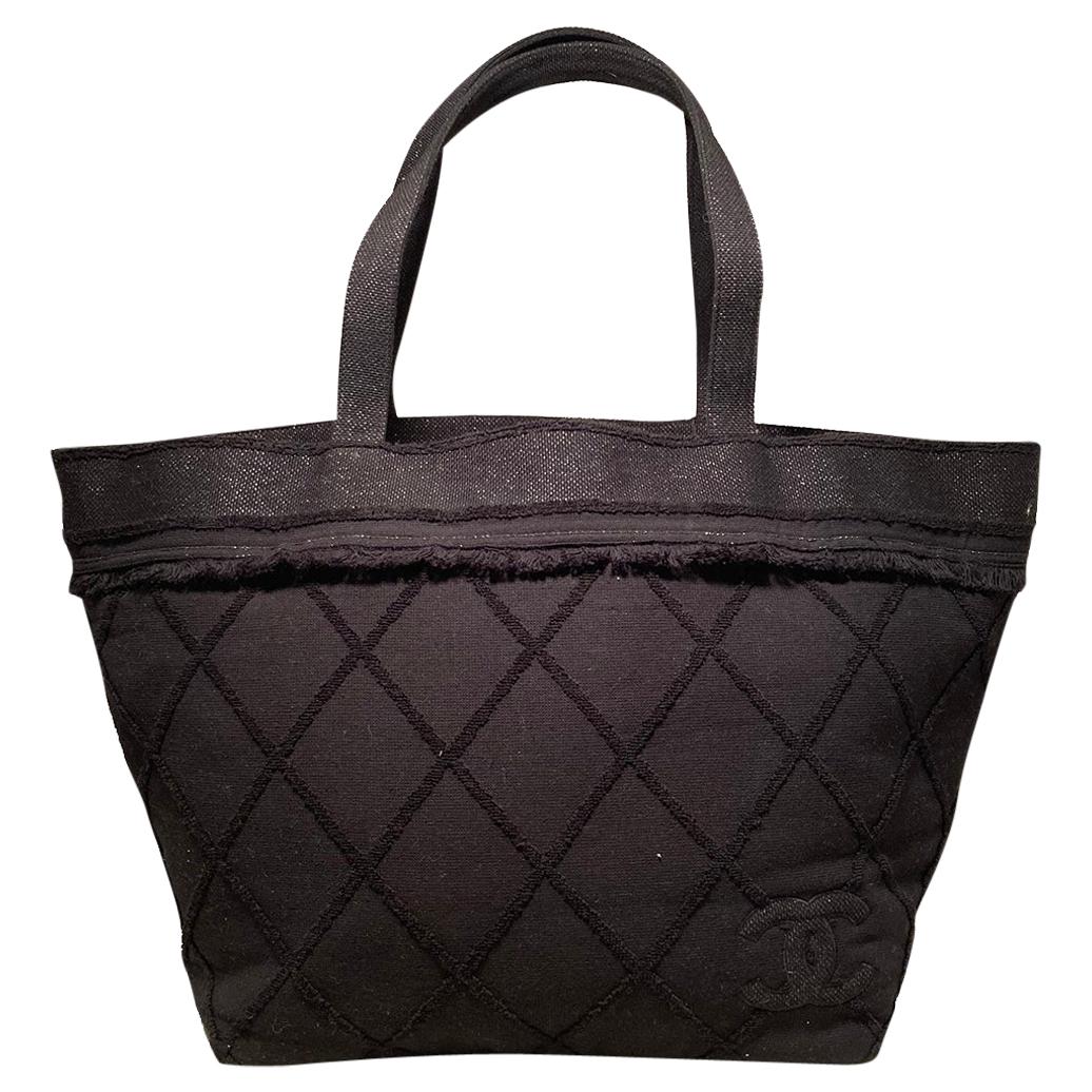 Chanel Black Leather Checkered Tote For Sale at 1stDibs