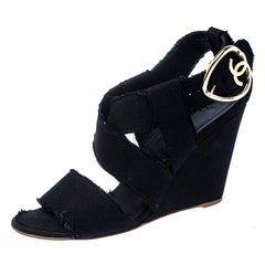 Chanel Black Canvas Wedge Open Toe Ankle Strap Sandals Size 40.5