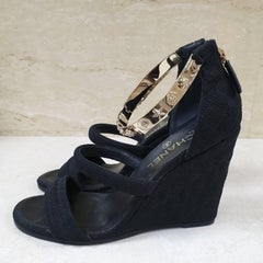 CHANEL Black Canvas Wedge Open Toe Bangle Sandals