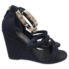 CHANEL Black Canvas Wedge Open Toe Bangle Sandals