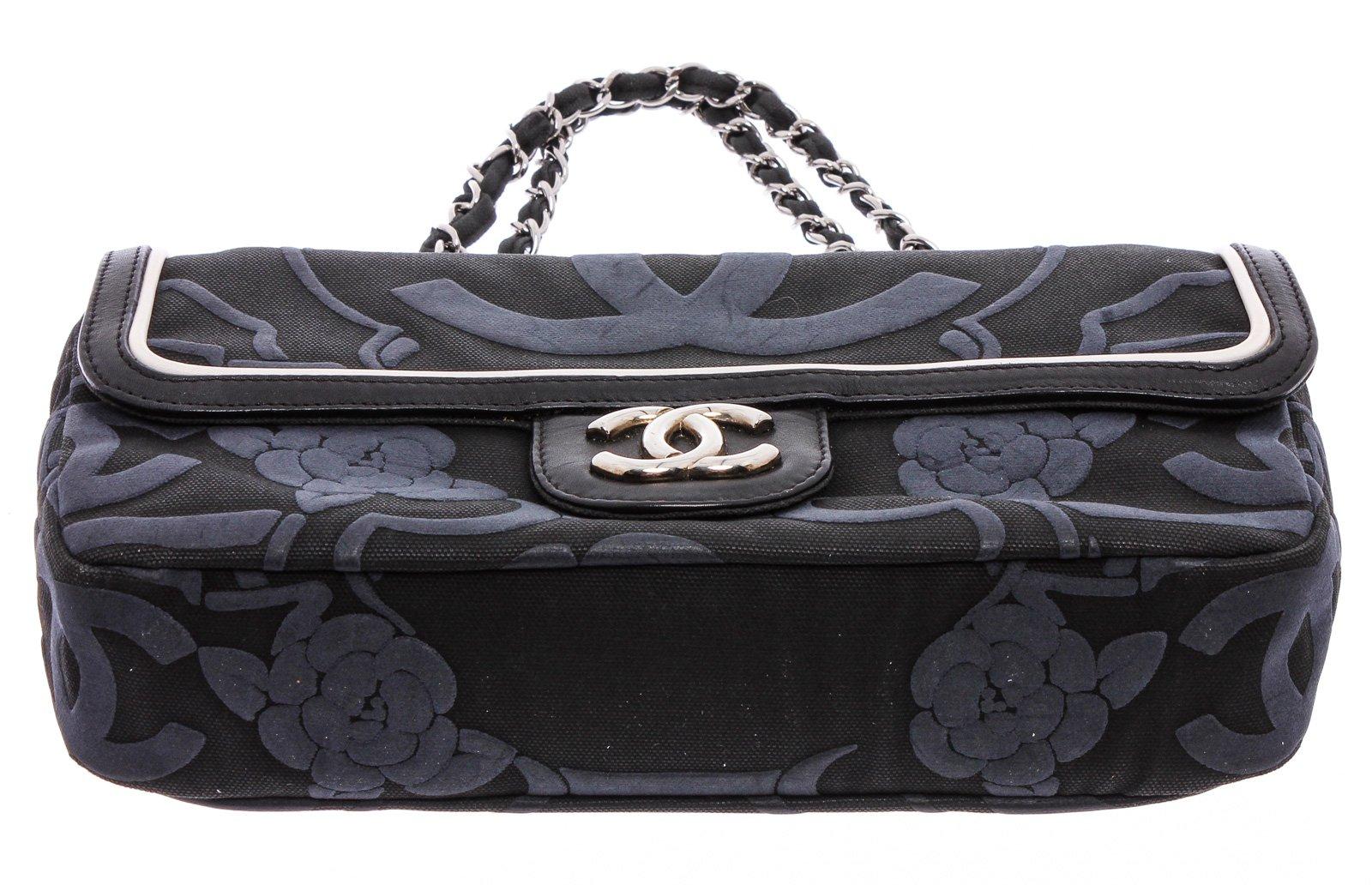 Chanel Black Canvas White Leather Trim Camellia Embossed Flap Shoulder Bag 1