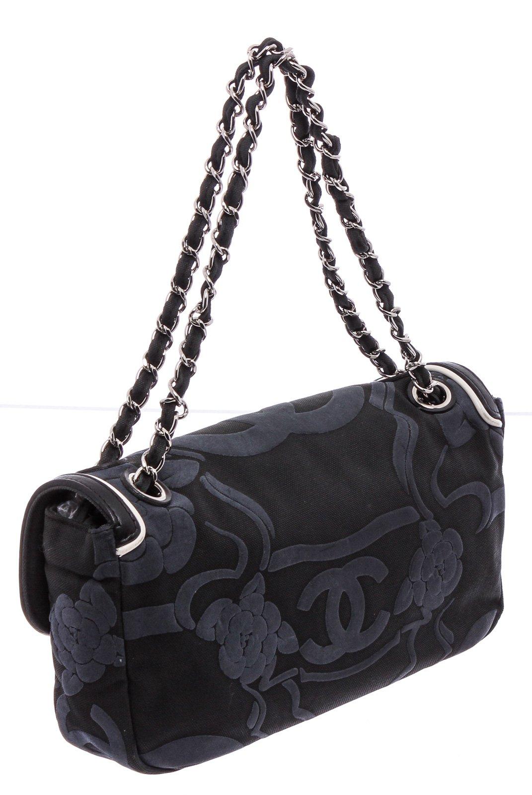 Chanel Black Canvas White Leather Trim Camellia Embossed Flap Shoulder Bag 2