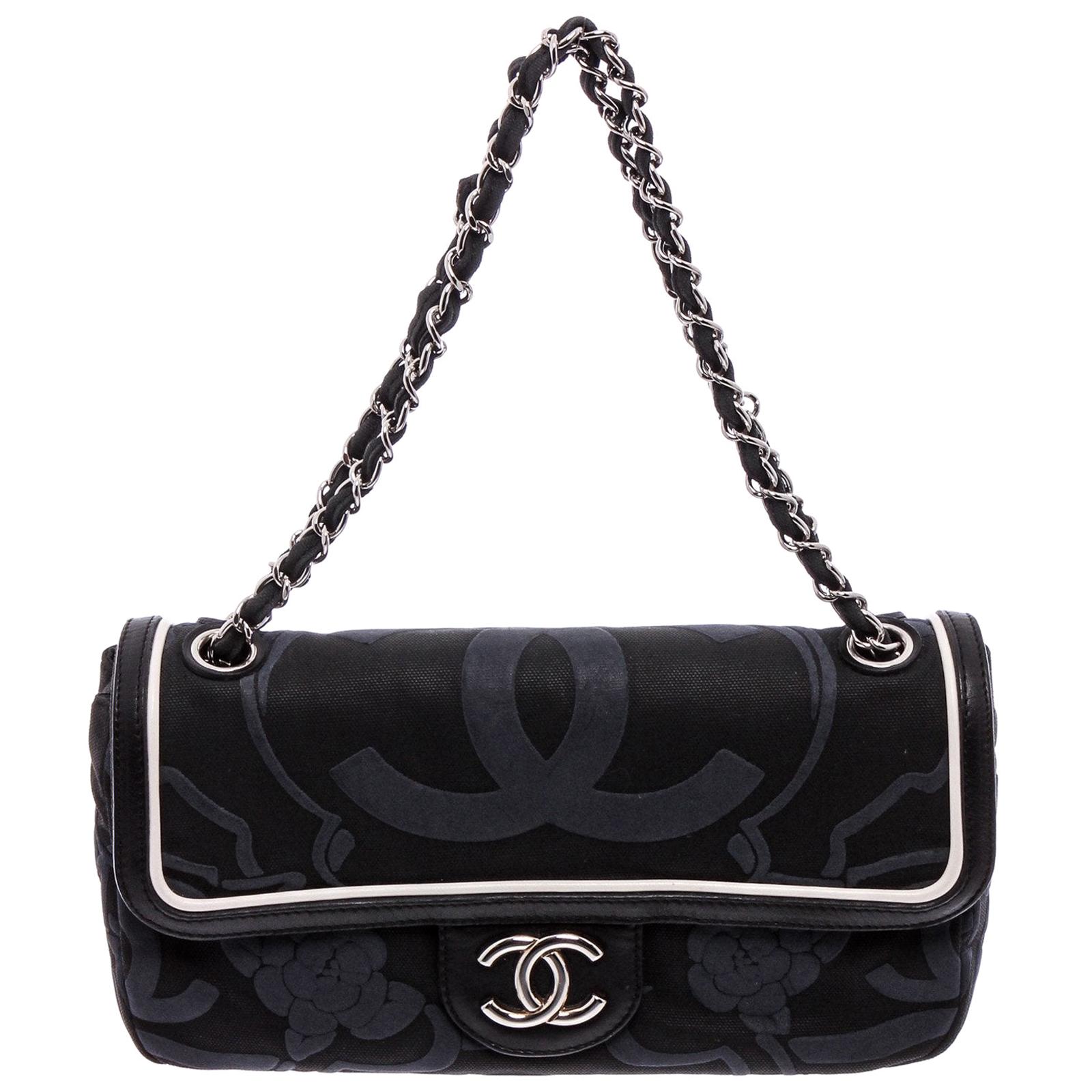 Chanel Black Canvas White Leather Trim Camellia Embossed Flap Shoulder Bag