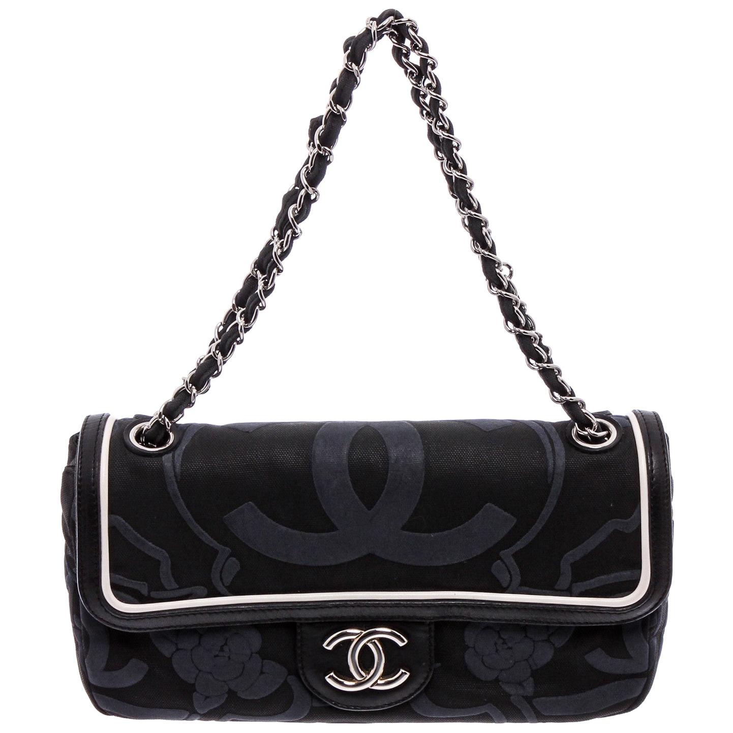 Chanel Black Canvas White Leather Trim Camellia Embossed Flap Shoulder Bag
