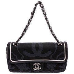 Chanel Black Canvas White Leather Trim Camellia Embossed Flap Shoulder Bag