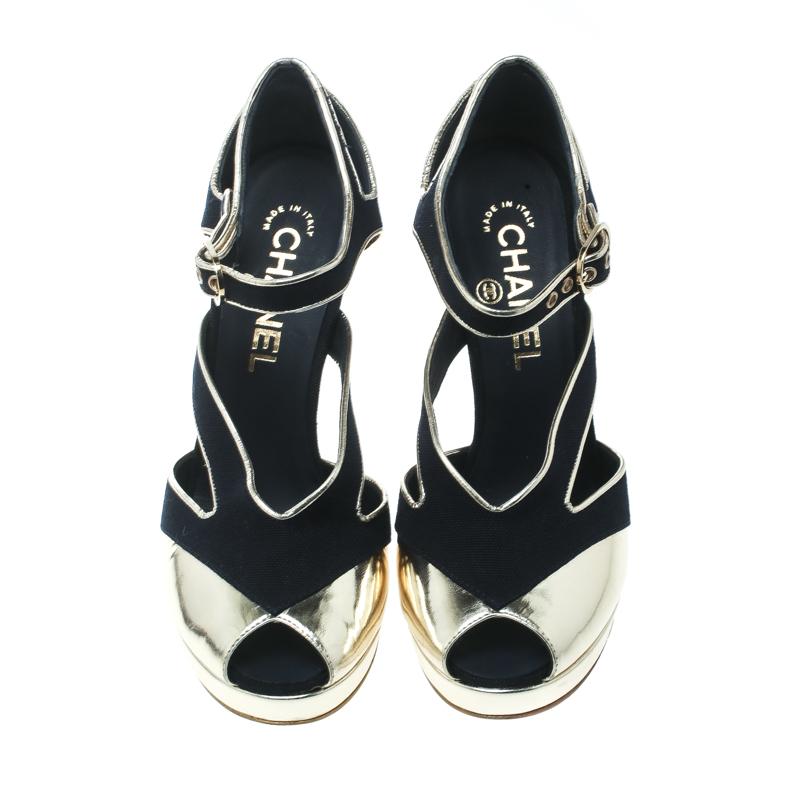 Chanel Black Canvas With Metallic Gold Leather Cut Out Peep Toe Pumps Size 36.5 In New Condition In Dubai, Al Qouz 2