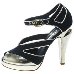 Chanel Black Canvas With Metallic Gold Leather Cut Out Peep Toe Pumps Size 36.5