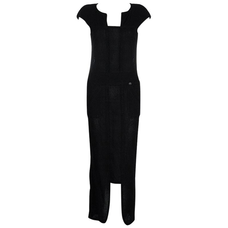 Chanel Black Cap Sleeve Textured Cotton Maxi Dress S