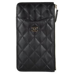 CHANEL Black Card Phone Holder O-Case Zip Wallet