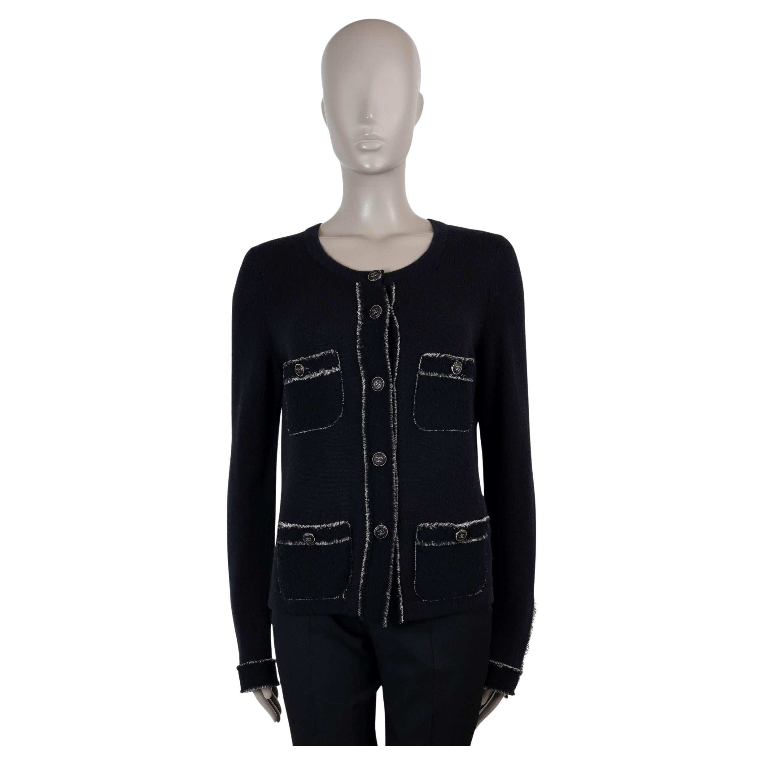 CHANEL black cashmere 11K FRINGE TRIM FOUR POCKET Cardigan Sweater 38 S