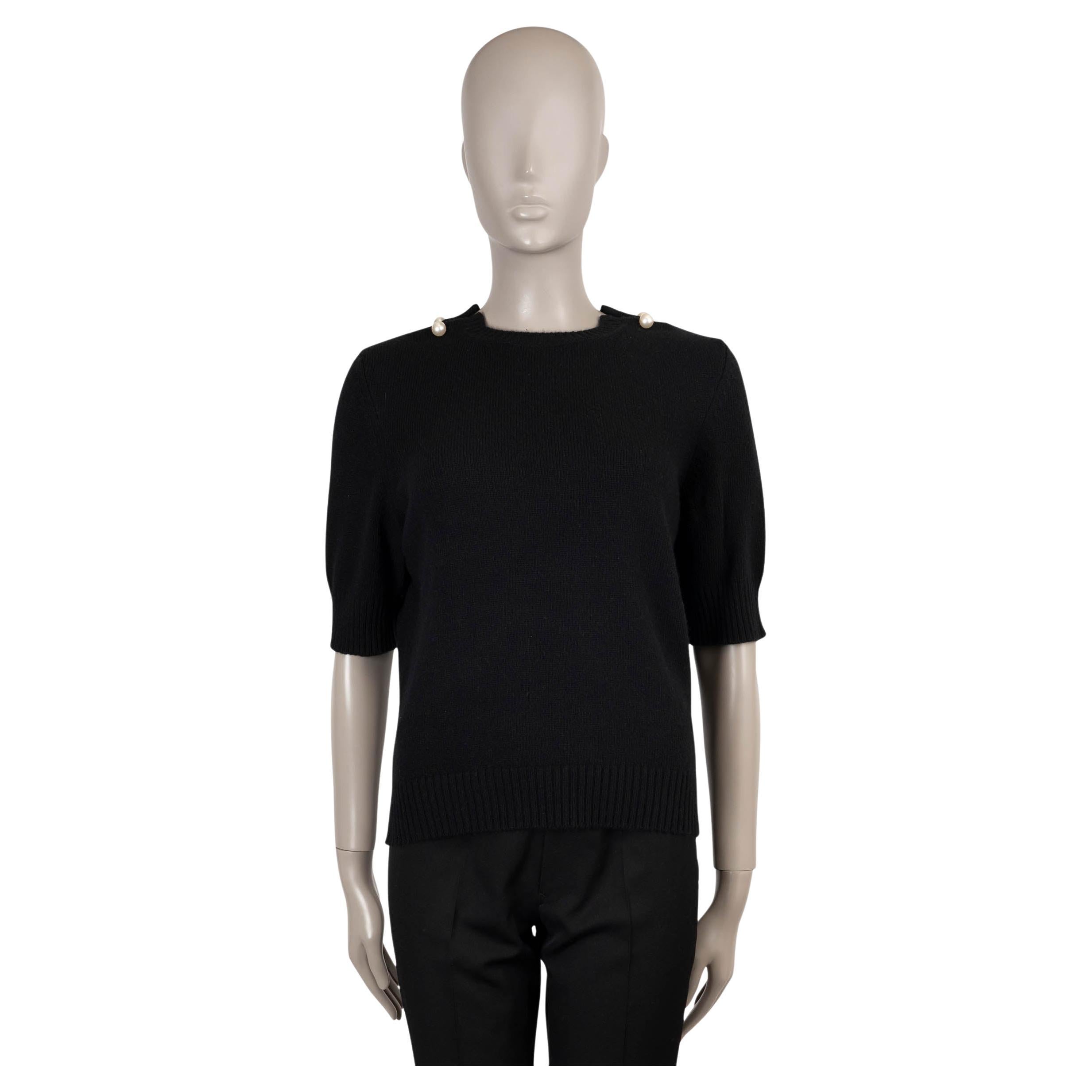CHANEL black cashmere 17B PEARL DETAILED SHORT SLEEVE Sweater 42 L