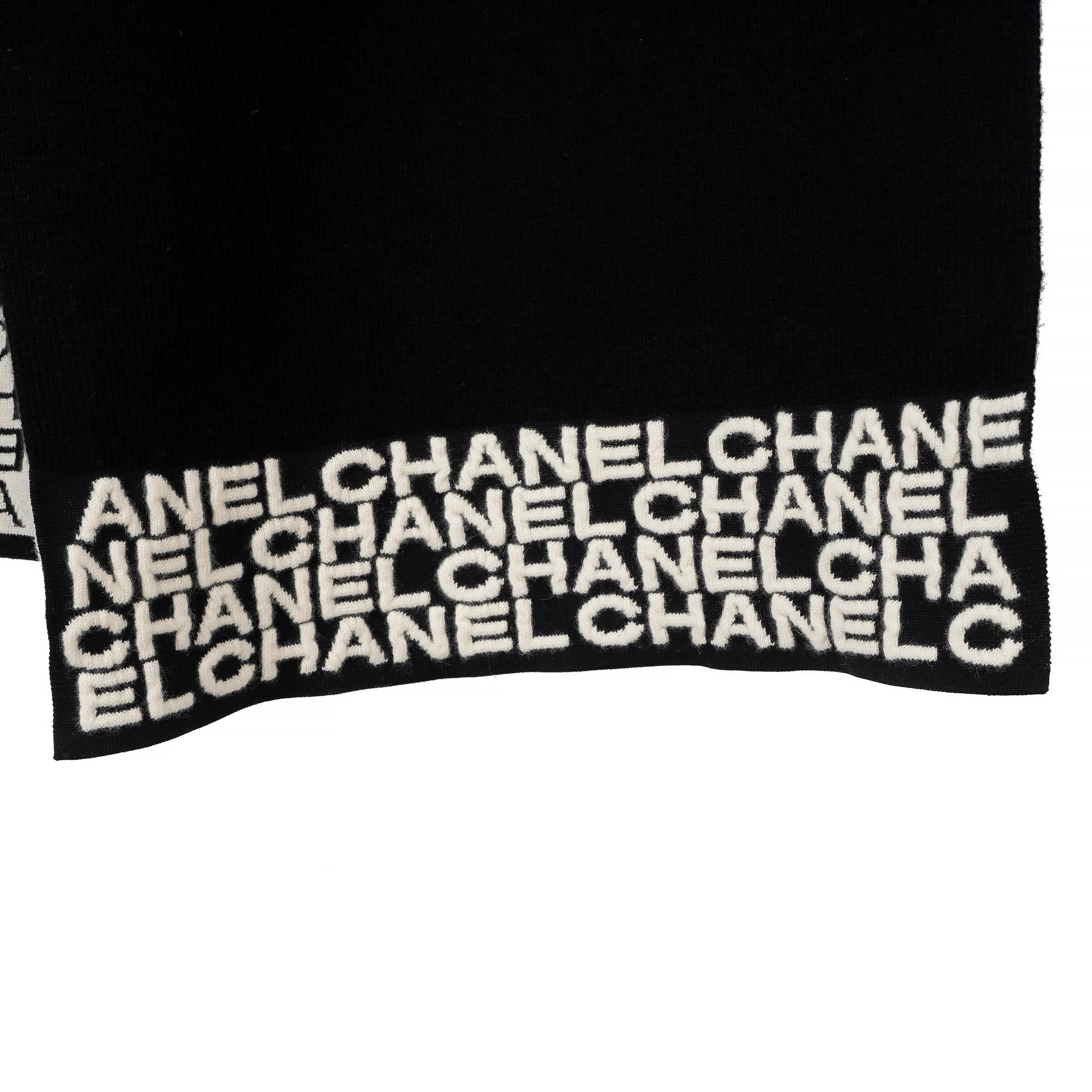 Black CHANEL black cashmere 2019 19B LOGO TRIM MUFFLER Scarf