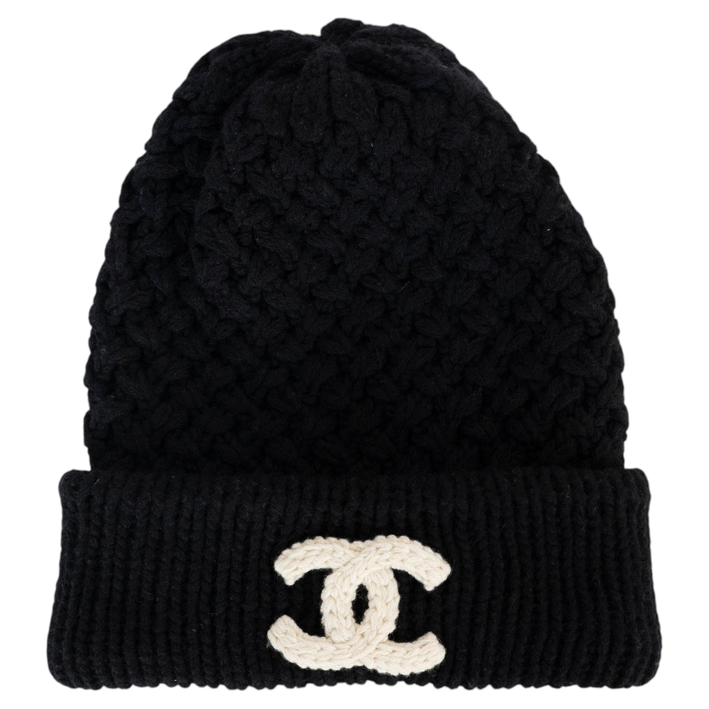 CHANEL cachemire noir 21K CHUNKY KNIT BEANIE Chapeau OS