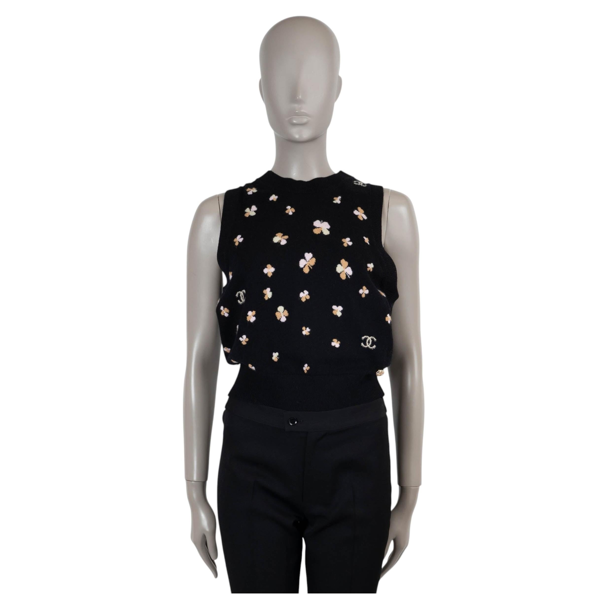 CHANEL black cashmere 24P FOUR LEAF CLOVER Vest Sweater 40 M