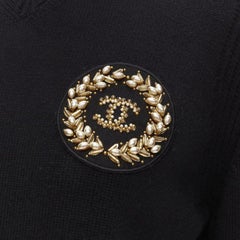 CHANEL black cashmere blend gold bead pearl CC embellished badge sweater FR42  L