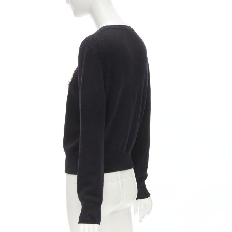 CHANEL black cashmere blend gold bead pearl CC embellished badge sweater FR42  L For Sale 1