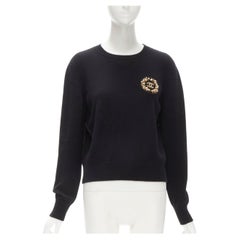 CHANEL black cashmere blend gold bead pearl CC embellished badge sweater FR42  L