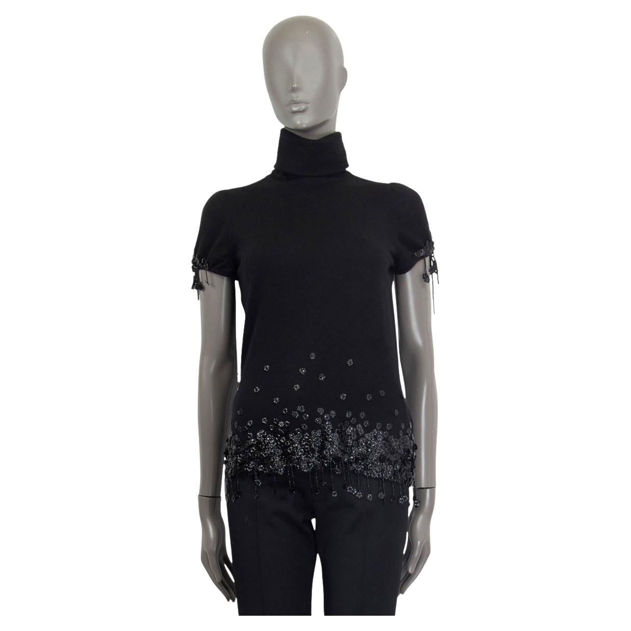 CHANEL black cashmere FLOWER EMBELLISHED KNIT TURTLENECK Shirt 40 M For Sale