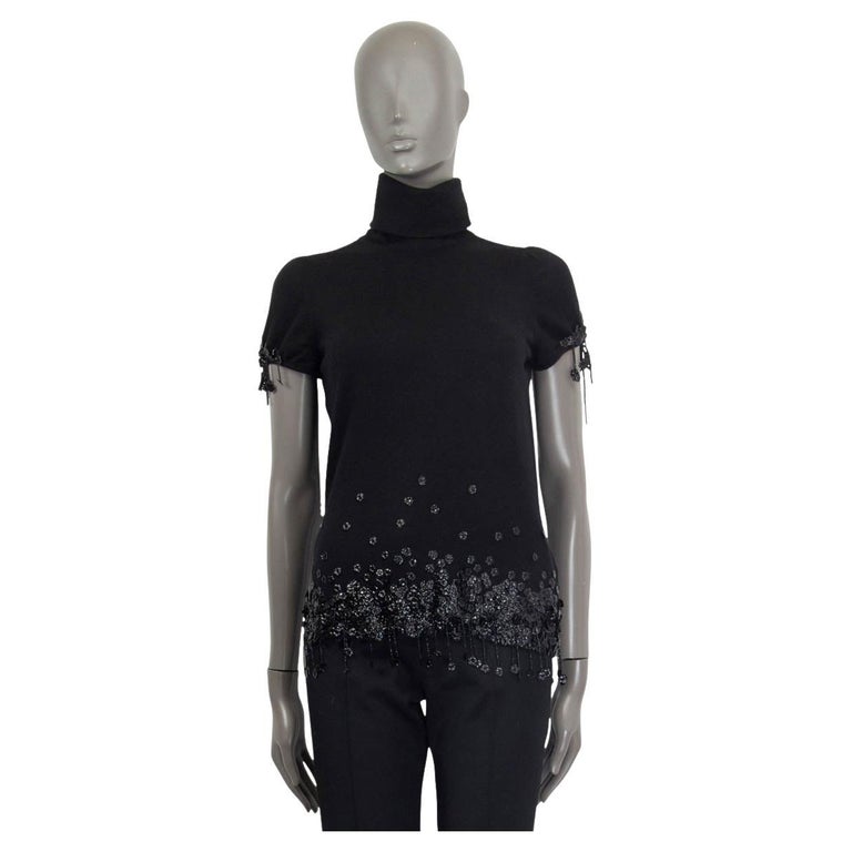 CHANEL black cashmere FLOWER EMBELLISHED KNIT TURTLENECK Shirt 40 M For  Sale at 1stDibs