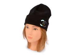 Chanel Black Cashmere Iridescent Logo Knit Hat Glove Scarf Set
