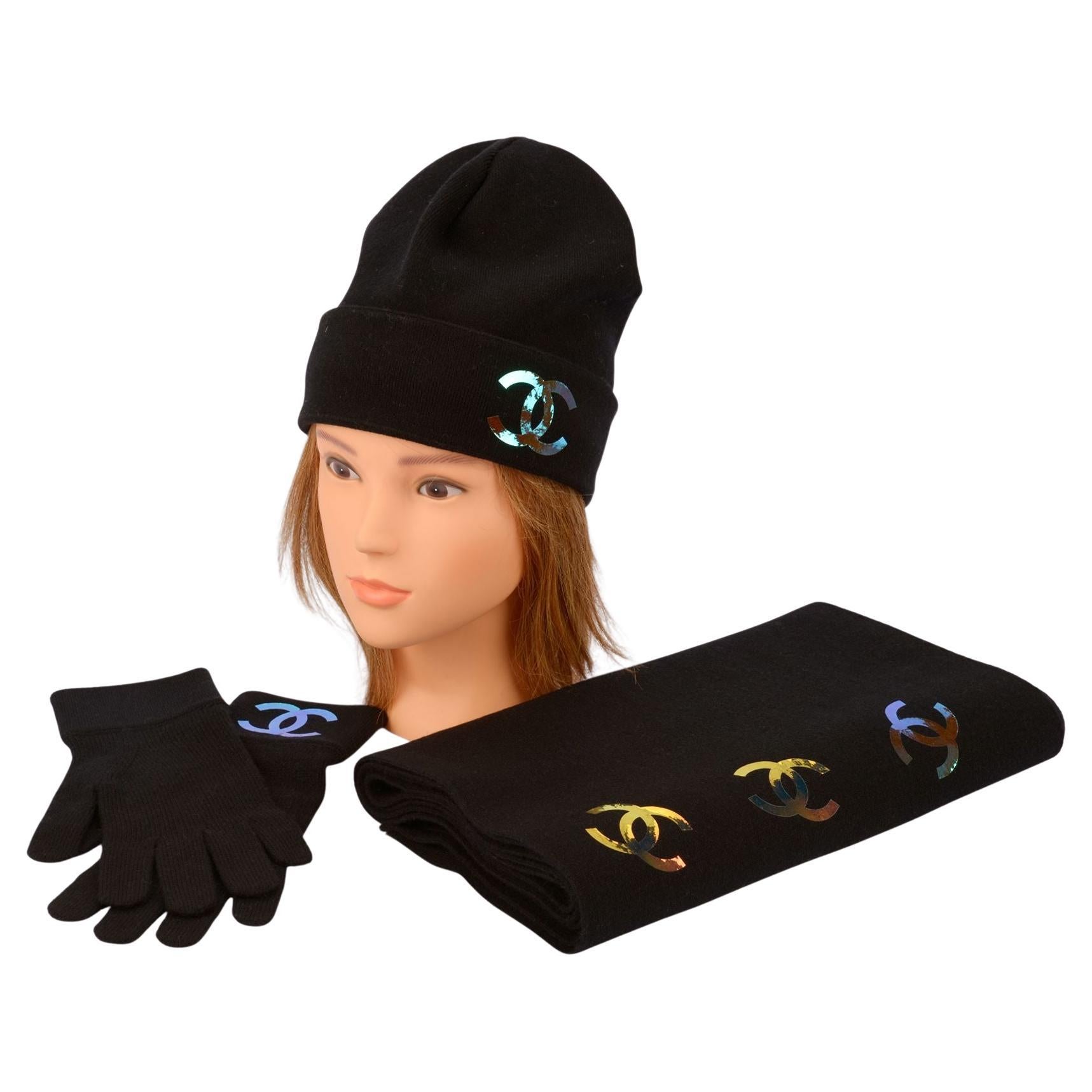Chanel Black Cashmere Iridescent Logo Knit Hat Glove Scarf Set