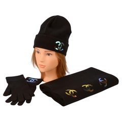 Chanel Black Cashmere Iridescent Logo Knit Hat Glove Scarf Set