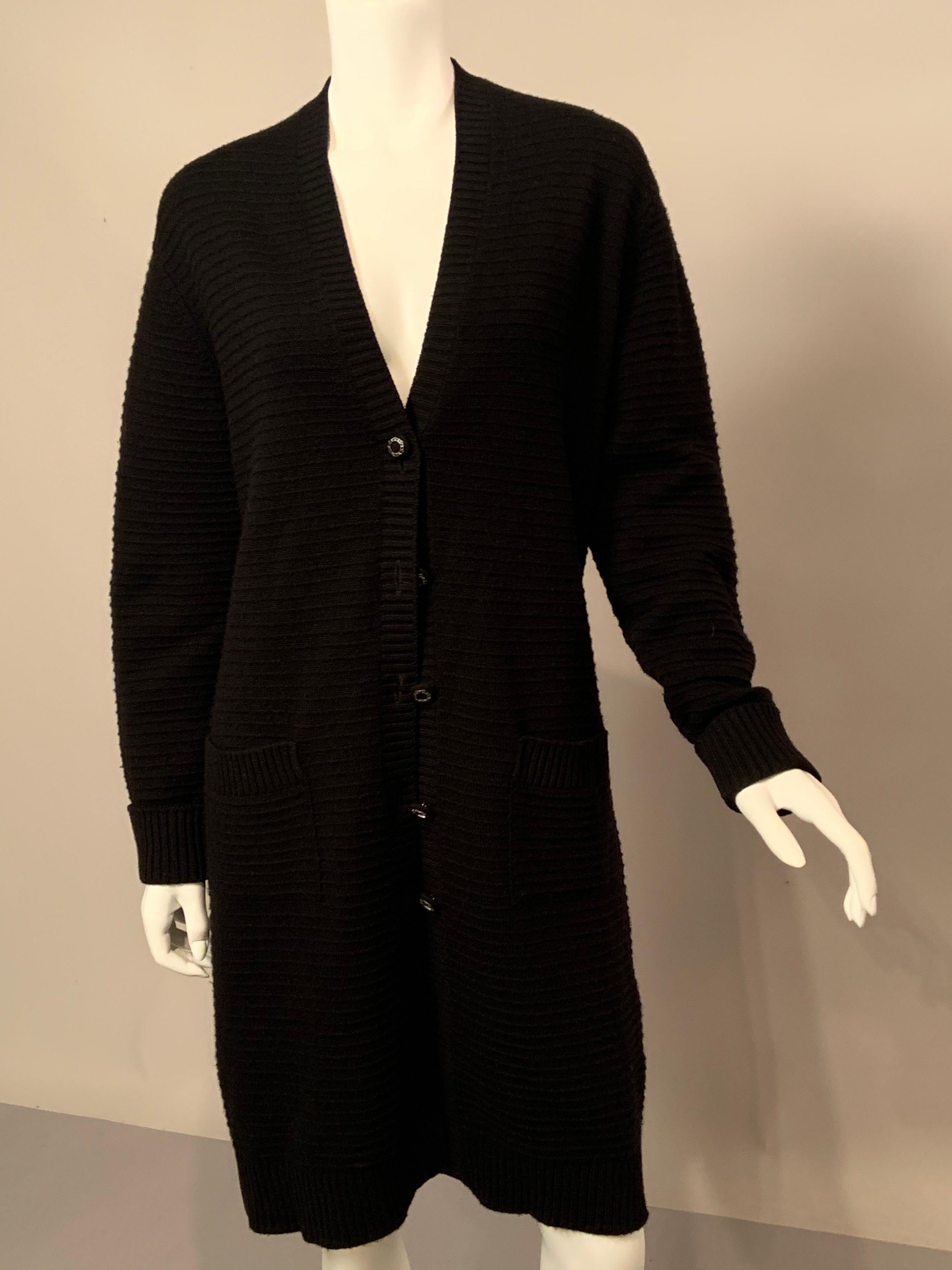 Chanel Black Cashmere Long Cardigan Sweater, Larger Size In Excellent Condition In New Hope, PA