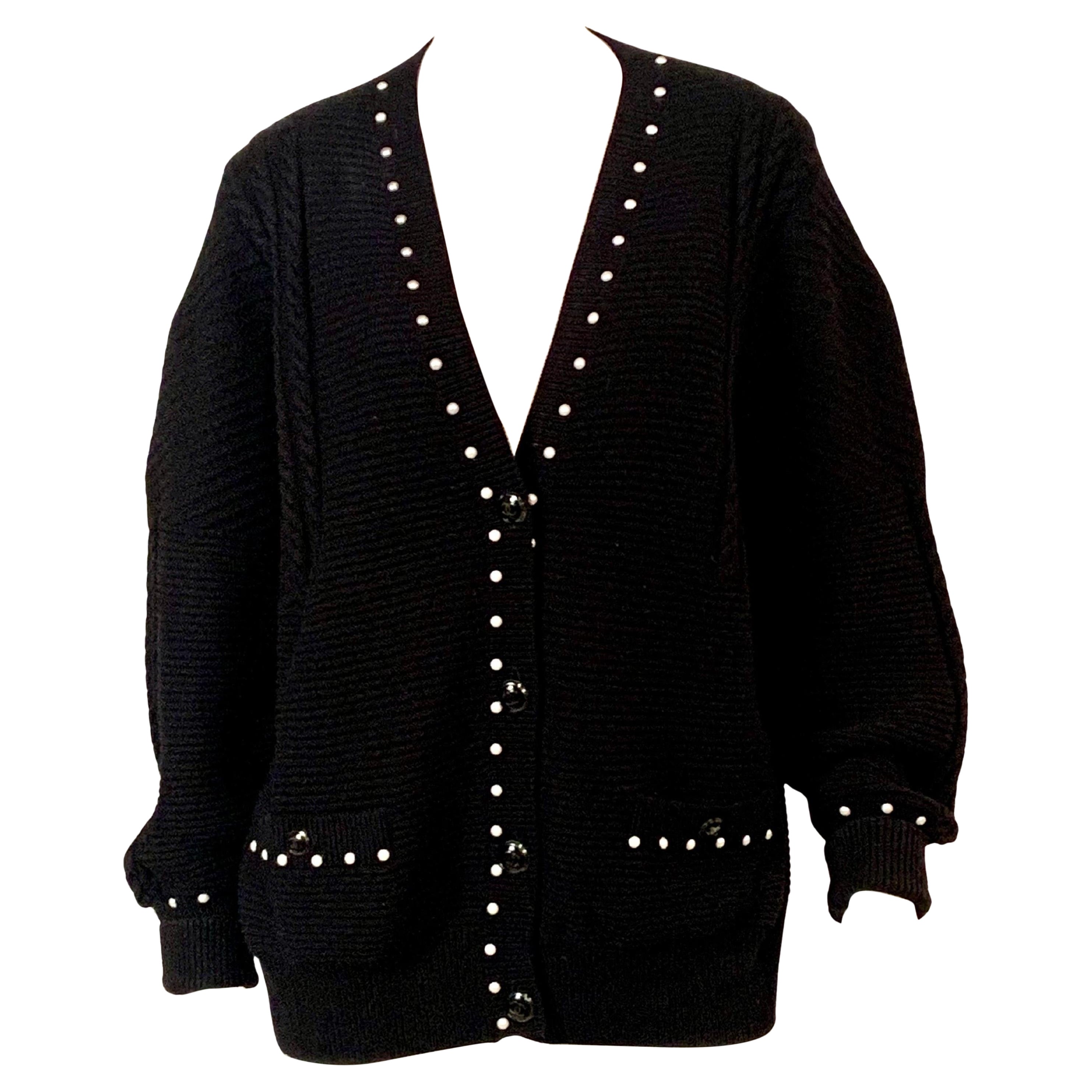 Chanel Black Cashmere Pearl Trimmed Cardigan Sweater