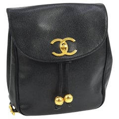 Chanel Black Caviar Backpack Vintage 2 Pocket Ball Charm CC Logo