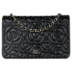 Chanel Black Caviar Camellia Embossed Wallet on Chain WOC Crossbody/ Clutch Bag 