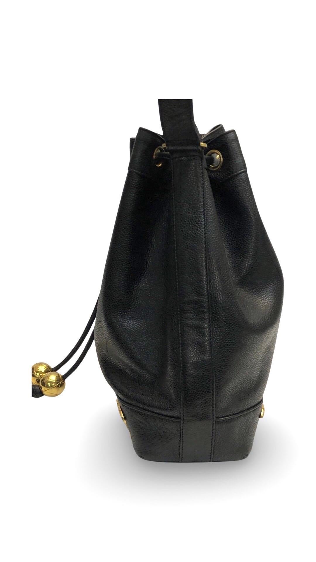 Black Chanel black caviar CC drawstring bucket bag